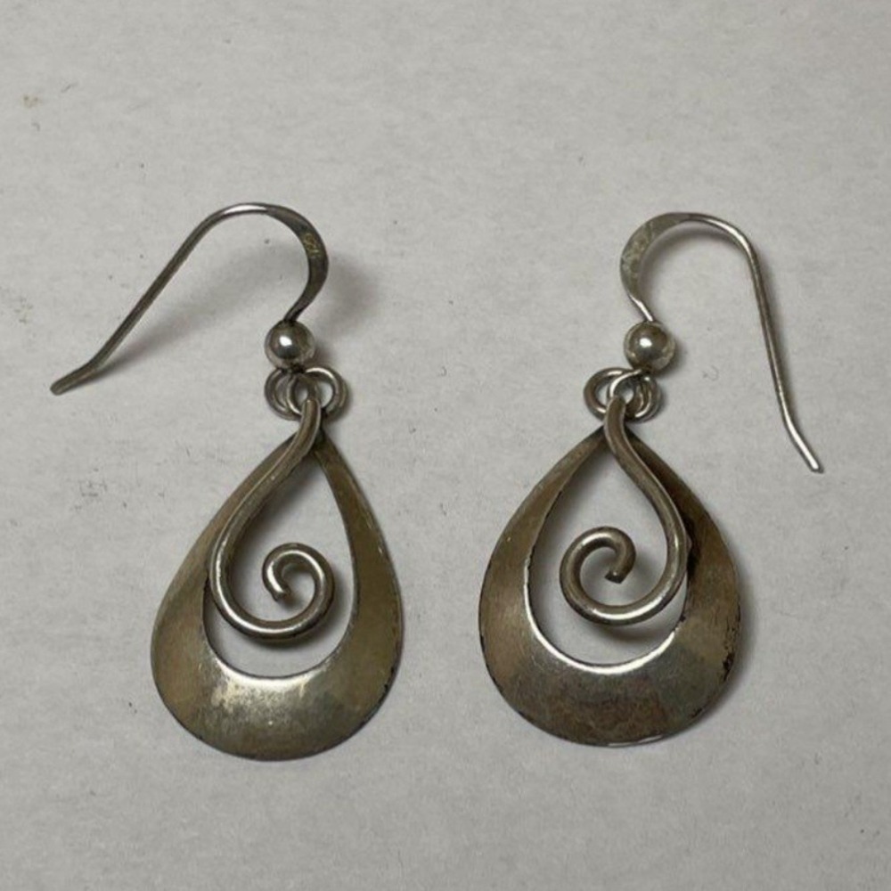 Sterling Silver 925 Teardrop Spiral Scroll Drop Earrings Fishhook Dangle